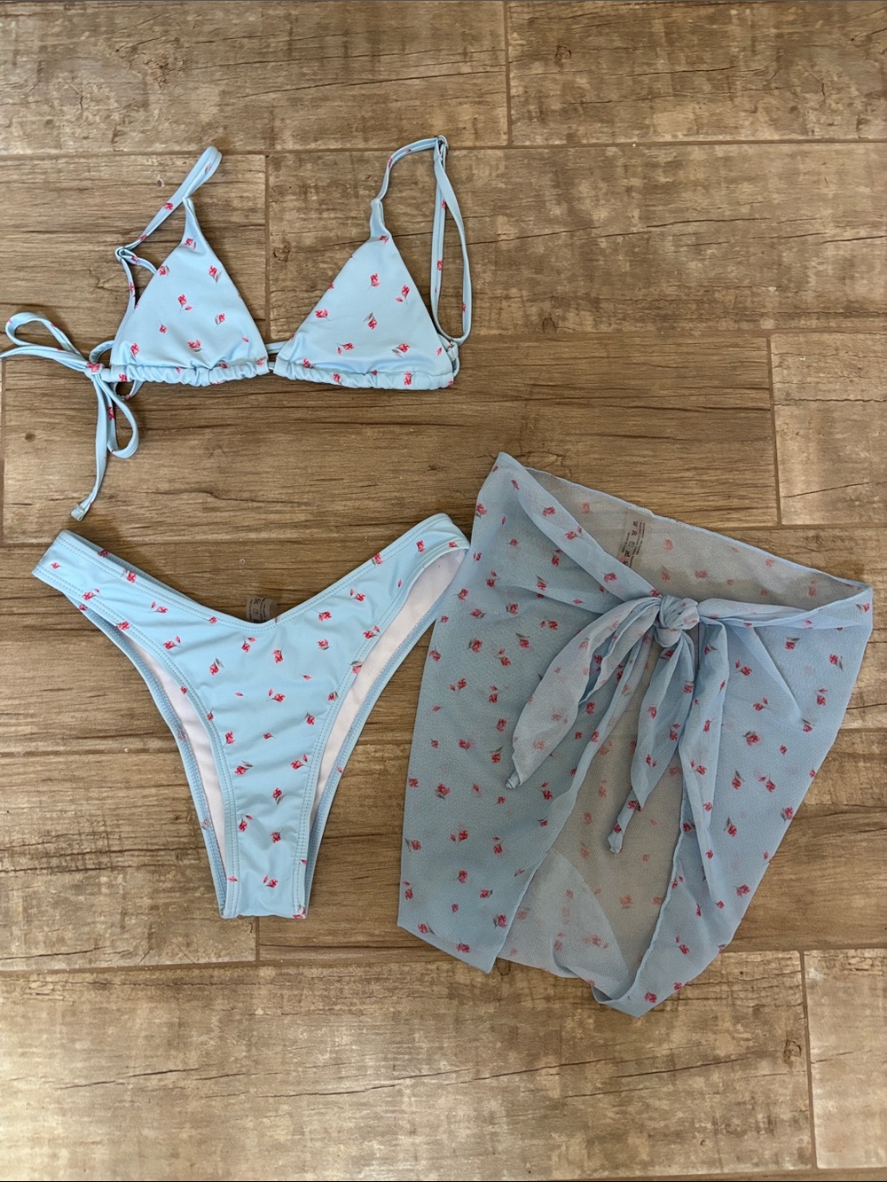 Shein Light Blue Floral Triangle Bikini Set with Sarong